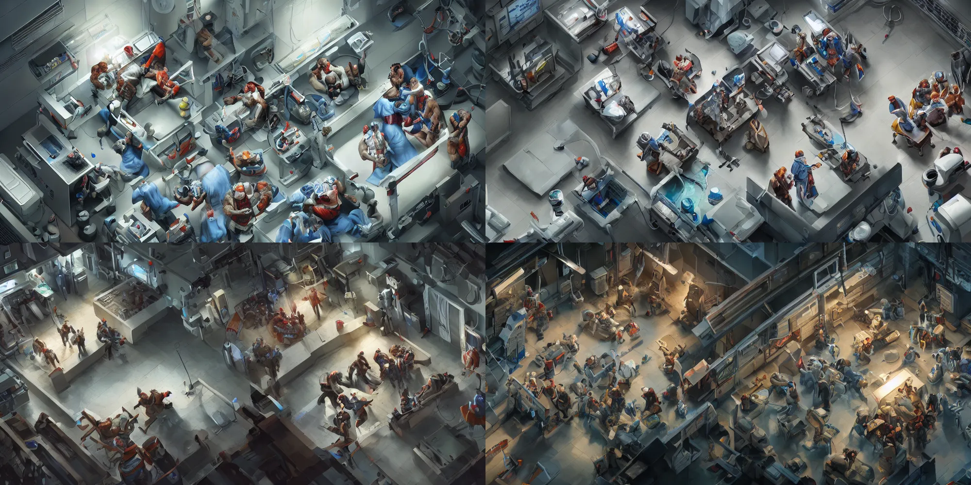 Prompt: high angle shot, overhead shot, hyperdetailed masterpiece concept art of two orcs surgeons doing an operation at an ICU room of an advanced hospital, 4k Detailed Matte Illustration trending on ArtStation