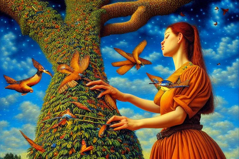 Prompt: oil painting, female playing the harph while birds are listening on the tree surreal, ultra realistic, wide angle, intricate details, artifacts, luminous skies, highly detailed, michael cheval, cinematic lighting