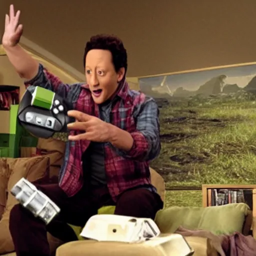 Image similar to movie still of rob schneider as an xbox, directed by michael bay