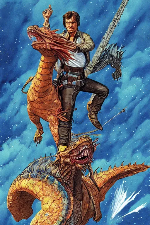 Image similar to han solo riding a dragon, full view, science fiction, art by jean giraud, moebius, juan gimenez, in watercolor gouache detailed paintings, in style of syd mead, colorful comics style, artstation