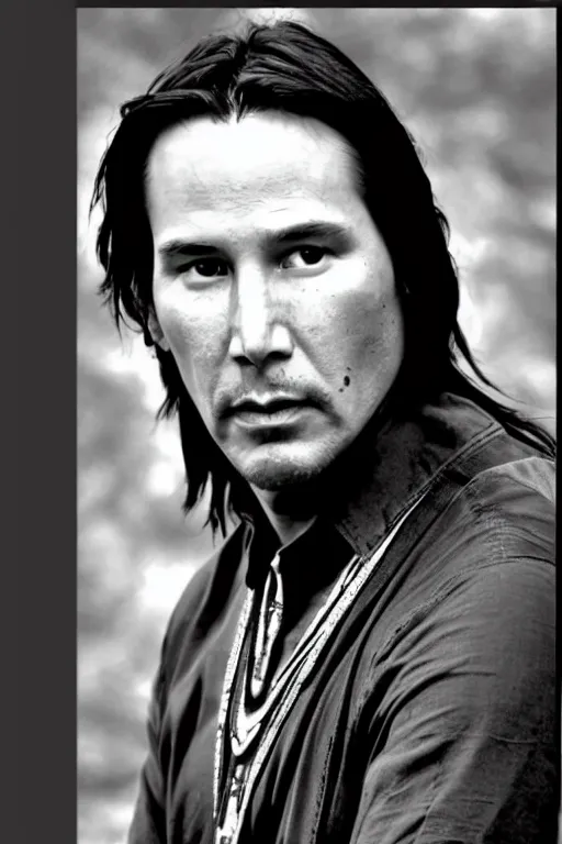 Prompt: Photo of Native American indian man Keanu Reeves, portrait, skilled warrior of the Apache, ancient, realistic, detailed, Keanu Reeves