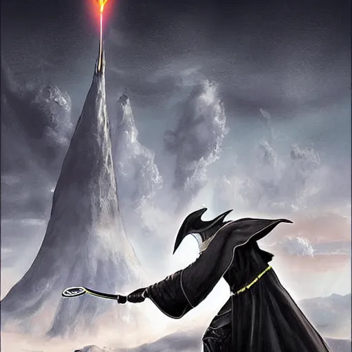 Image similar to Gandalf playing tennis against Sauron in front of Mount Doom. Both Gandalf and Sauron are in the image. Sauron is wearing his full body armor. Digital Art, lava, dark, dramatic lighting