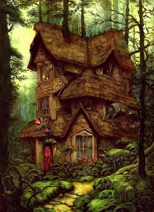 Image similar to hyper realistic homely witch cottage rococo in the woods gorgeous lighting, highly detailed, lush forest painting by norman rockwell, james gurney zdzisław beksinski and norman rockwell and greg rutkowskiweta studio