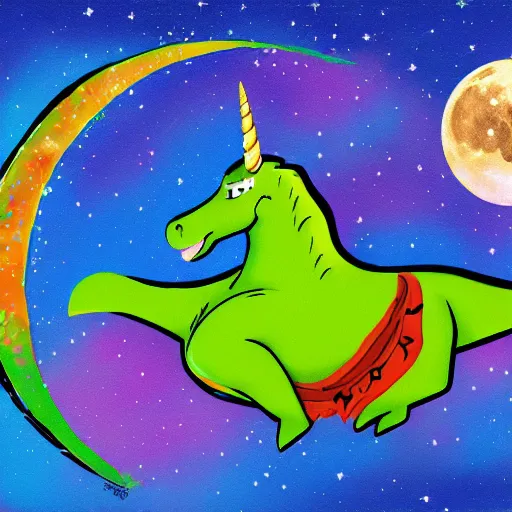 Image similar to unicorn dreaming of a trex on the moon, colorful, modern, disney, in style of pixar, highly detailed, sharp focus, digital painting