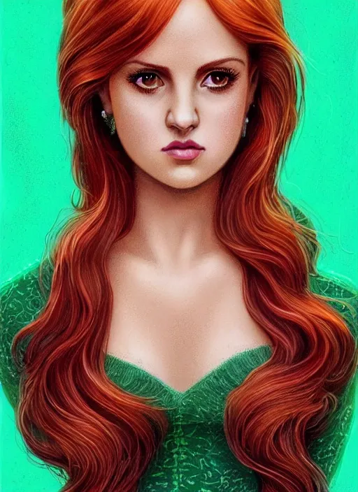 Image similar to full body portrait of teenage cheryl blossom, bangs, green eyes, mischievous expression, red hair, sultry smirk, bangs and wavy hair, 1 9 8 0 s, intricate, elegant, glowing lights, highly detailed, digital painting, artstation, concept art, smooth, sharp focus, illustration, art by wlop, mars ravelo and greg rutkowski