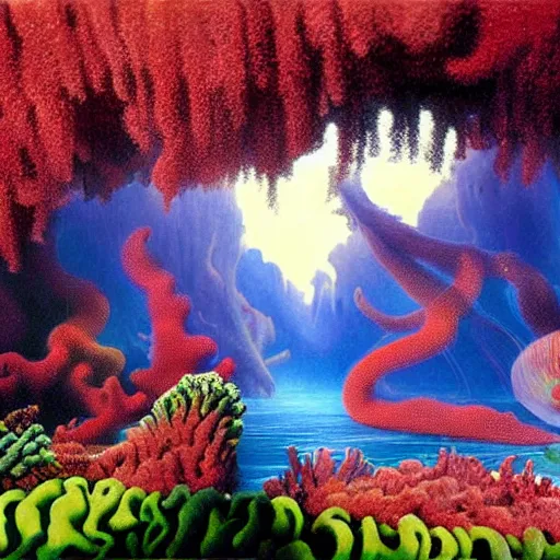 Image similar to underwater verdant coral wonderland, matte painting from Fantasia (1940)