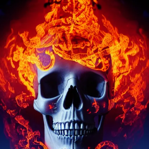 Prompt: a highly detailed human skull covered with intricate designs with fire for eyes on fire in front of a neon blue background, 3 d, depth of field, colorful, octane render, symmetrical, hyper realism, highly detailed, digital art, artstation, concept art, cinematic lighting, trending