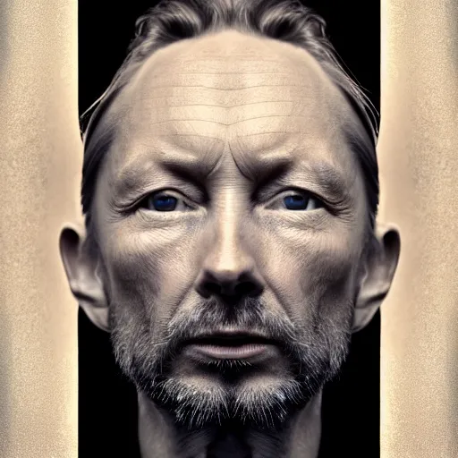 Image similar to collages, hyper realistic, many variations portrait of very old thom yorke, face variations, singer songwriter, ( side ) profile, various ages, macro lens, liminal space, by lee bermejo, alphonse mucha and greg rutkowski, greybeard, smooth face, cheekbones