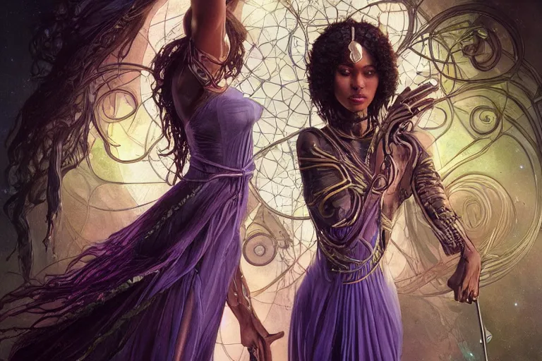 Image similar to ultra realistic tarot illustration of cj miles as a cyber shamanic witch casting am eldritch wizard spell, intricate, elegant, highly detailed, digital painting, artstation, concept art, smooth, sharp focus, illustration, art by artgerm and greg rutkowski and alphonse mucha