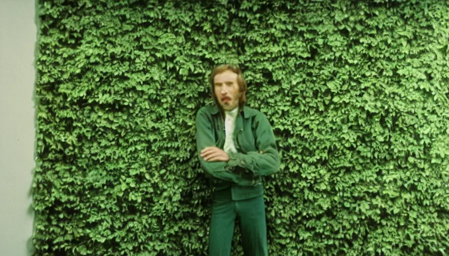 Image similar to 70s movie still of a ill skinny man in a green wall hospital, eastmancolor, heavy grain, high quality, higly detailed, liminal space
