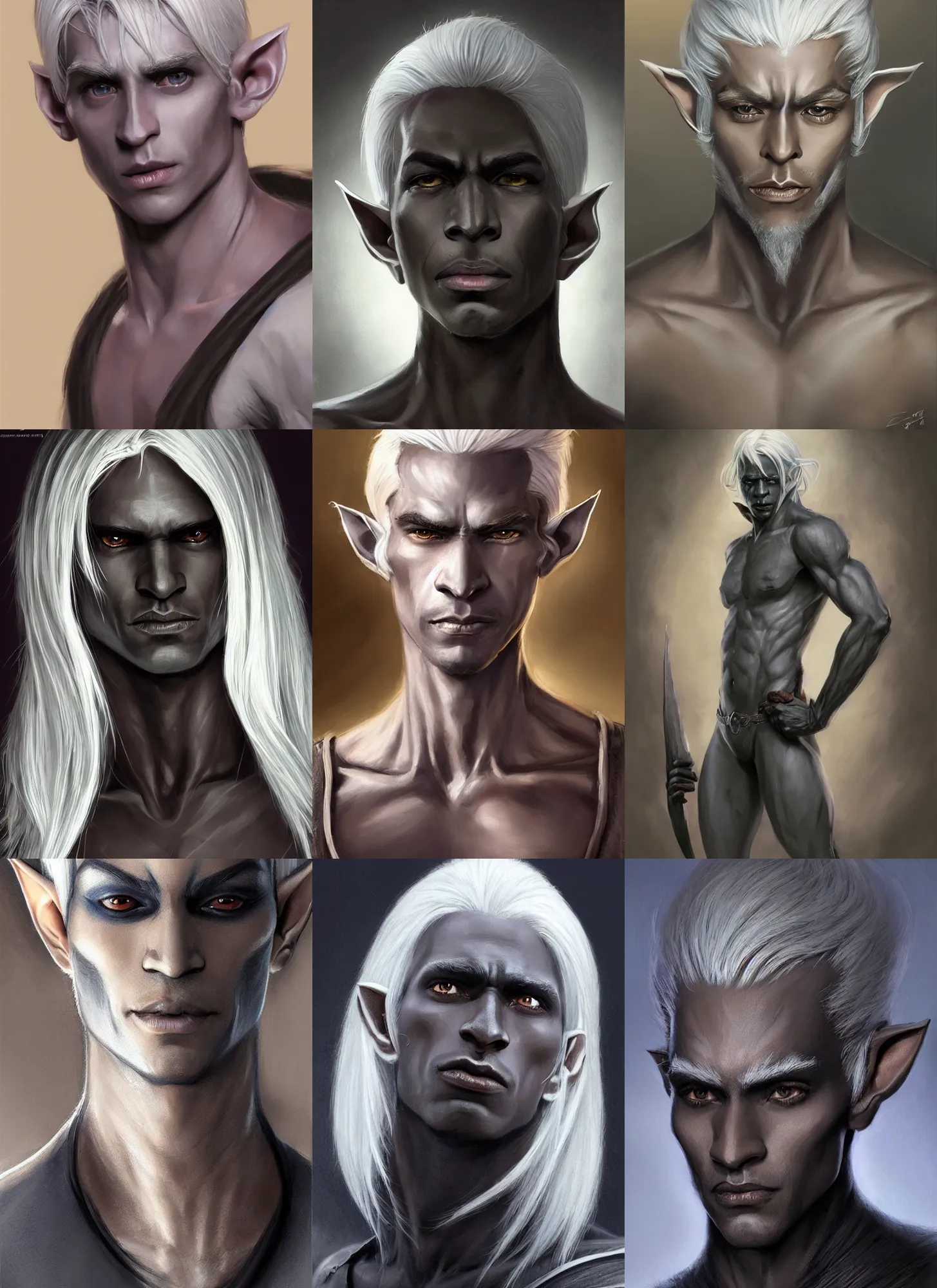 Prompt: a portrait of a drow elf male, long length slick white hair, dark charcoal skin, relaxed eyebrows, handsome, smooth skin, young adult in with late twenties, raised eyebrows, pointed chin, charcoal color skin, style by donato giancola, wayne reynolds, jeff easley dramatic light, high detail, cinematic lighting, artstation, dungeons and dragons