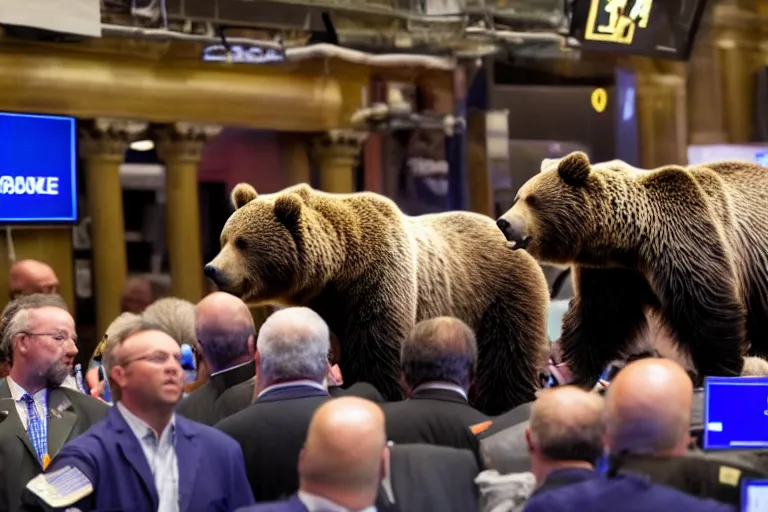 Prompt: literal grizzly bears screaming on the floor of the NYSE as the markets rally to all-time-highs, high definition color photograph