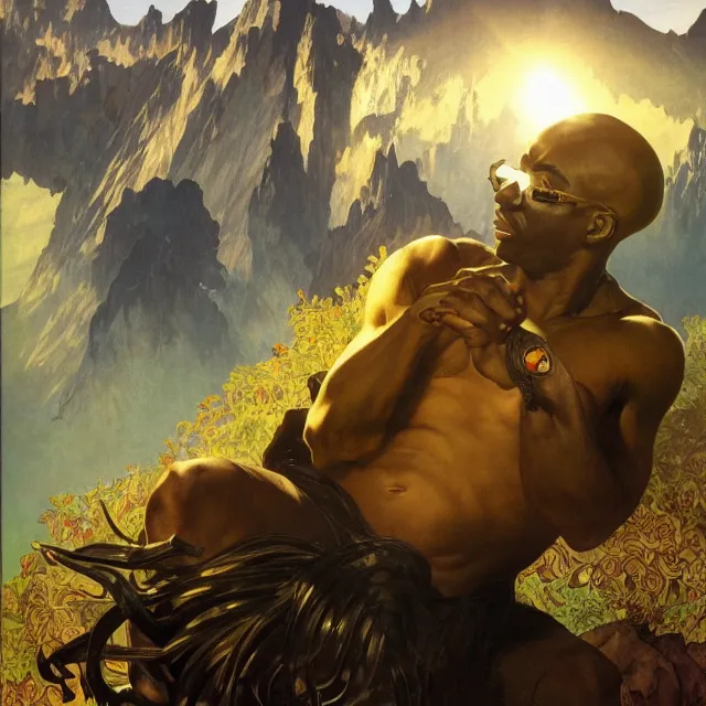 Image similar to an aesthetic! a detailed image of a black man, bald head, spectacles, with mountains of gold in the background, by frank frazetta and alphonse mucha, oil on canvas, art nouveau dungeons and dragons fantasy art, hd, god rays, ray tracing, crisp contour lines, huhd