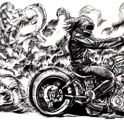 Image similar to hells angel biker riding through a burning street, intricate ink drawing, highly detailed in the style of Ashley Wood