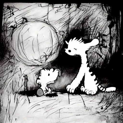 Image similar to calvin and hobbes in the style of stephen gammell