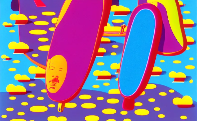 Prompt: flying skate boards by shusei nagaoka, kaws, david rudnick, airbrush on canvas, pastell colours, cell shaded!!!, 8 k