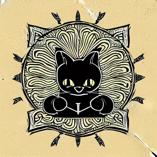 Image similar to tattoo sketch of a cat hugging the sun, on a yellow paper, maori ornament, minimalism, vector