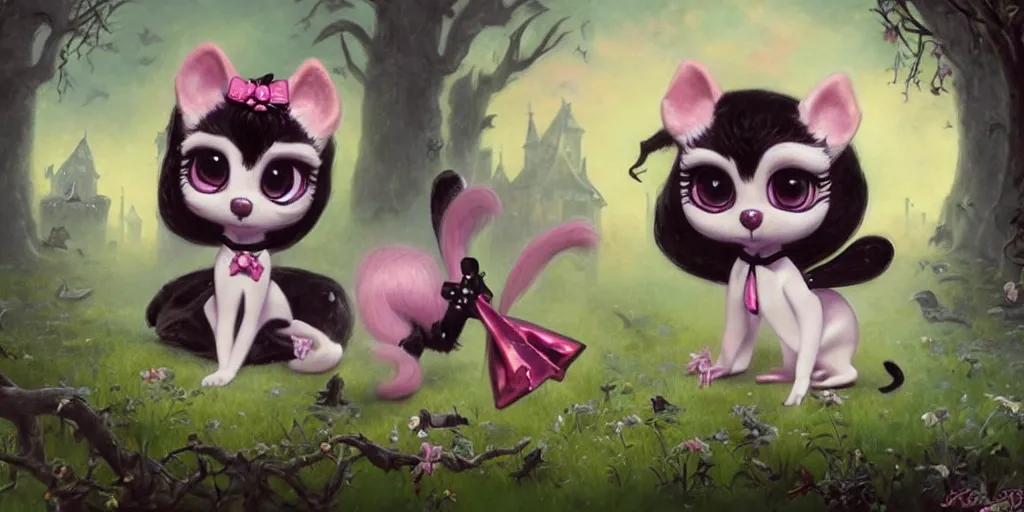 Prompt: 3 d littlest pet shop animal, wearing gothic accessories, gothic bows, gothic outfits, spooky, master painter and art style of noel coypel, art of emile eisman - semenowsky, art of edouard bisson