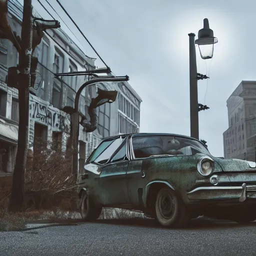 Image similar to deathclaw from fallout drives a subaru, street lighting, downtown environment, wide lens, 2 4 mm, street lamps