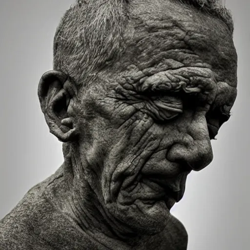 Prompt: surrealism sculpture by enrico ferrarini, a man and his soul are struggling to separate, face