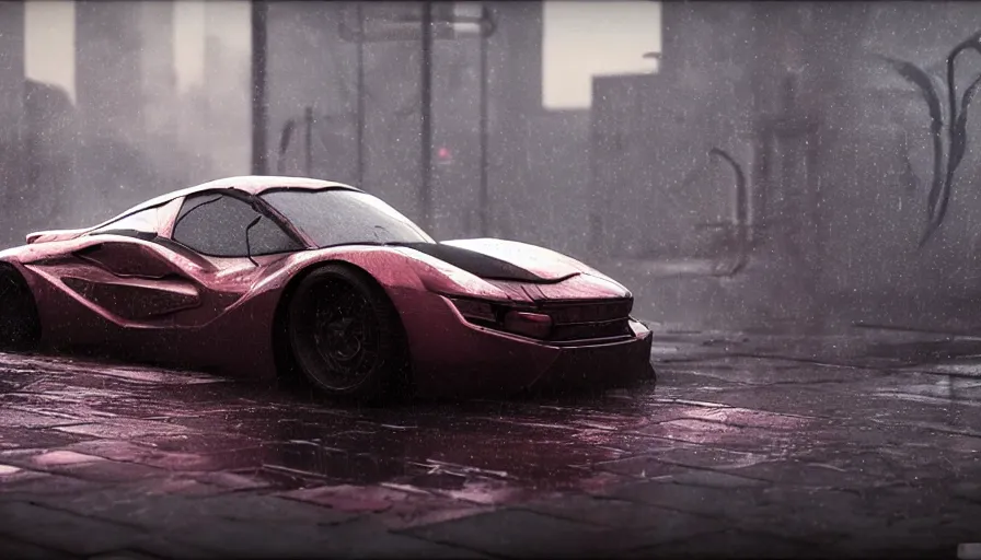 Image similar to a picture of a car in the rain, cyberpunk art by fyodor vasilyev, zbrush central contest winner, cubo - futurism, synthwave, darksynth, retrowave