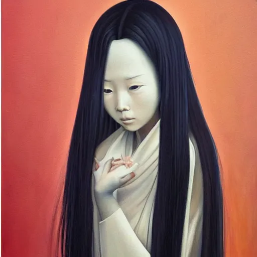 Prompt: a realistic painting by Raffaello Sanzi depicting the Sadako with the head of the symbiotic Pocong in the Renaissance era,smooth,Sharp focus, trending on Artstation.