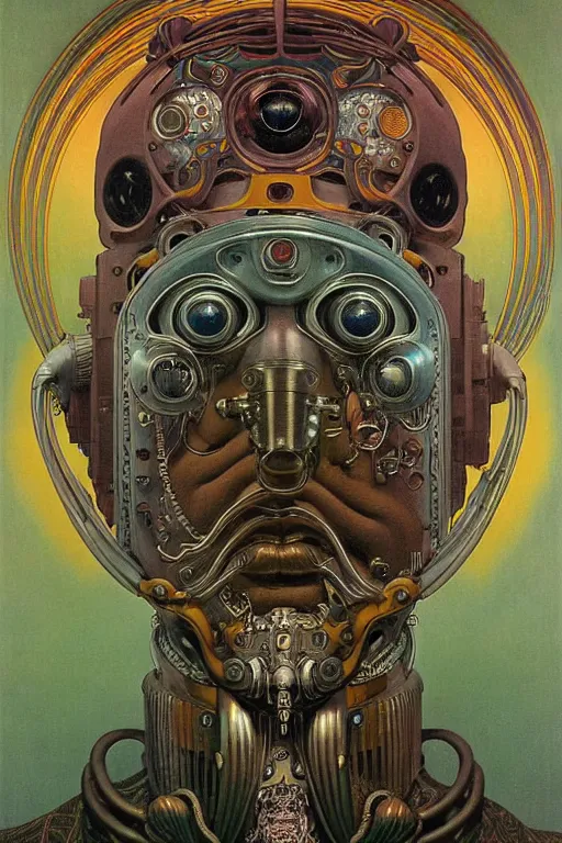 Prompt: 1 9 6 9 hippy robot, large metal mustache, muted colors, benevolent, nebula background, glowing eyes, detailed realistic surreal retro robot in full regal attire. face portrait. art nouveau, visionary, baroque, giant fractal details. vertical symmetry by zdzisław beksinski, alphonse mucha. highly detailed, realistic