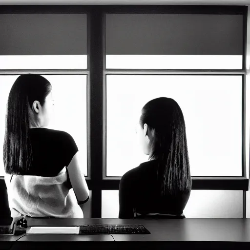 Image similar to beautiful twin sisters hacking into the mainframe of the pentagon, in the style of hiroya oku and riyoko ikeda, black and white, photorealistic, epic, super technical