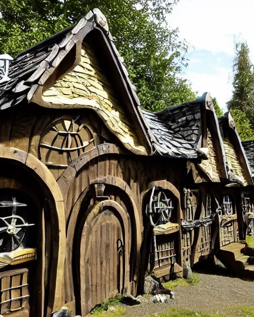 Image similar to fantasy town with a stand - alone blacksmith shop, stand - alone bakery, stand - alone tavern, stand - alone courthouse, stand - alone guardhouse, midday, viking style - hobbit homes, with elf - tree houses, in the style of real fantasy,