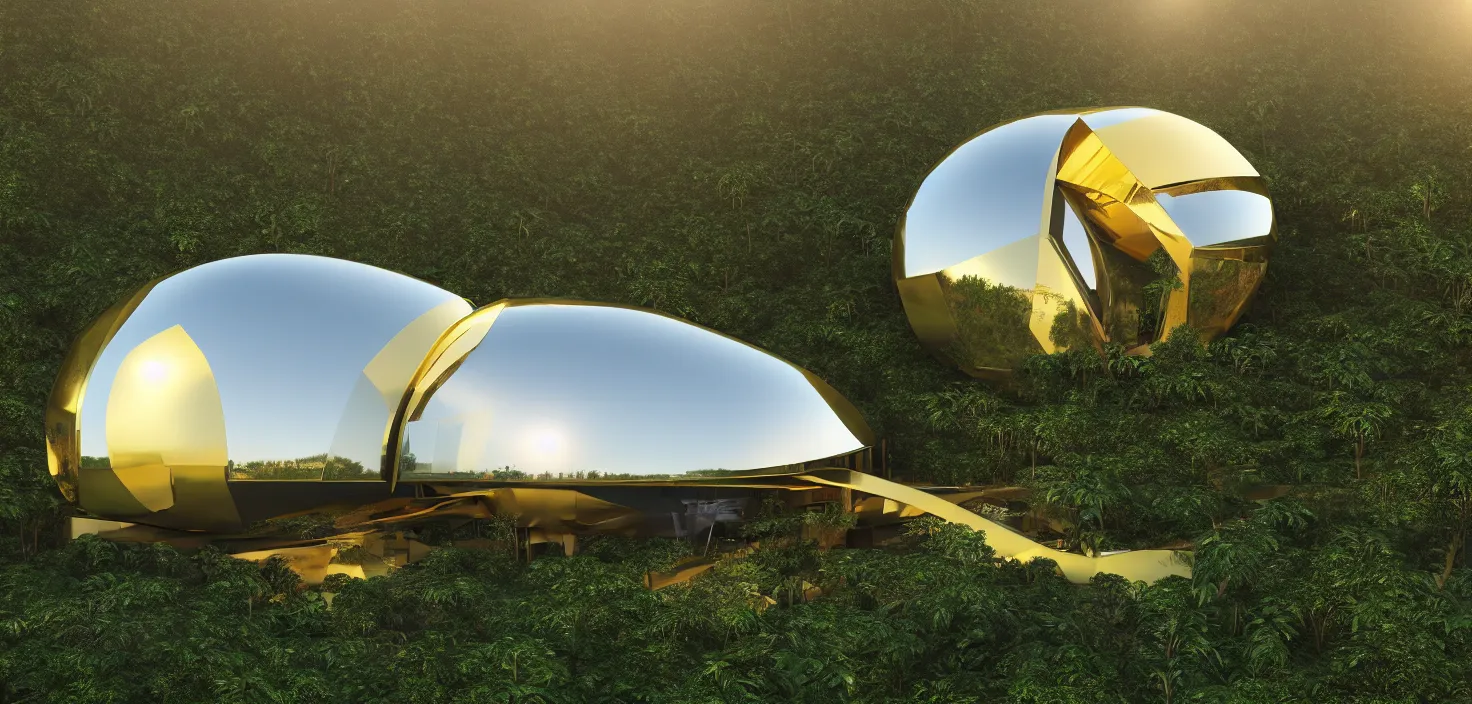 Image similar to futuristic shinny golden mirror building camouflaged in an jungle landscape of a solarpunk world by frank gerhy and oscar niemeyer, shinny golden roads and bridges designed by zaha hadid, movie poster, spiral golden ratio, at dusk lighting, evening lighting, reflections, film still, hyper realistic, octane render redshift arnold materials unreal engine, 8 k post production, hyper detailed