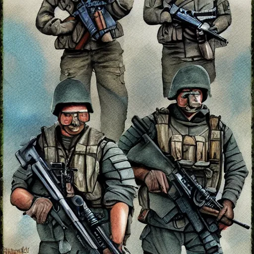 Image similar to retro, hd illustration of professional military troops, inspired by watercolor masterpieces, trending on artstation, 4 k