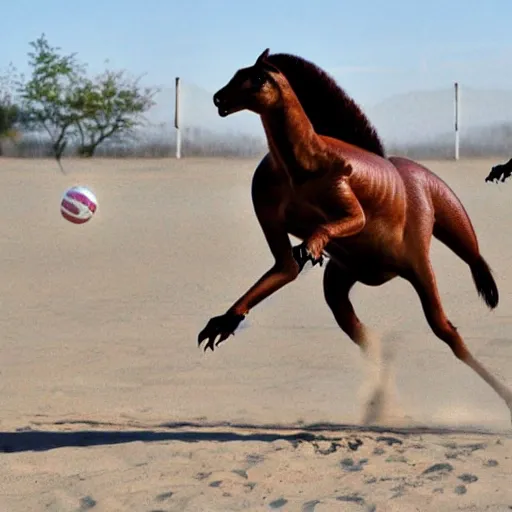 Prompt: a horse and a velociraptor playing volleyball - n 10