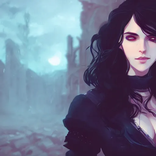 Image similar to portrait of yennefer from the Witcher 3, abandoned ruins landscape, night time, ambient lighting, 4k, anime key visual, lois van baarle, ilya kuvshinov, rossdraws, artstation