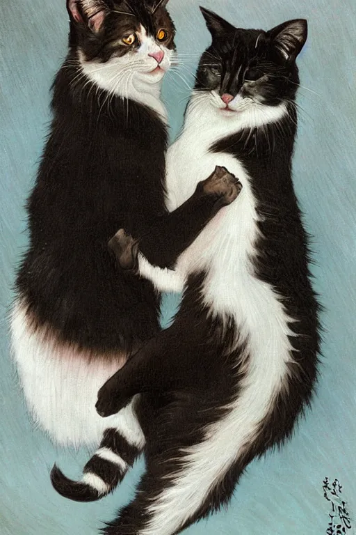 Prompt: medium - shot, two black with white stripes!! fur cats, curling with each other, hugs, sleep together, cute, colourful flowers, cinematic lighting, highly detailed, digital art, oil painting, highly detailed, sharp focus, matte painting, renaissance painting, by kinkade, by alphonse mucha, by leyendecker, by vermeer,