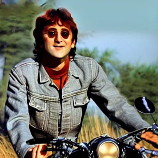 Prompt: john lennon riding a motorcycle in the movie born to be wild, cinematic sureal 3d 8k