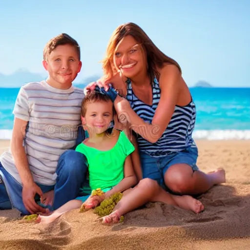 Prompt: happy family poses portrait on beach stock images