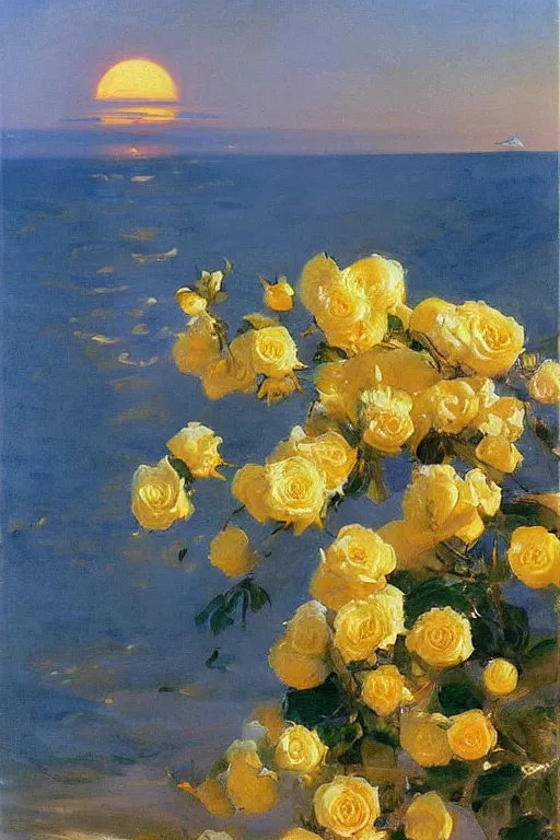 Image similar to the yellow sun in sky, spray of roses on the sea surface, a palm on beach, painting by john singer sargent