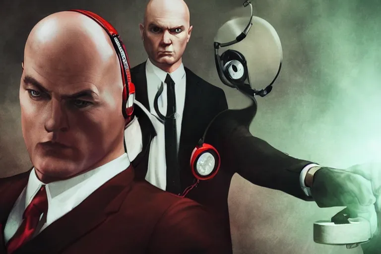 Image similar to an expressive portrait of agent 4 7 from hitman wearing headphones and putting a vinyl record onto a turntable, dark background, red rim light, digita, l