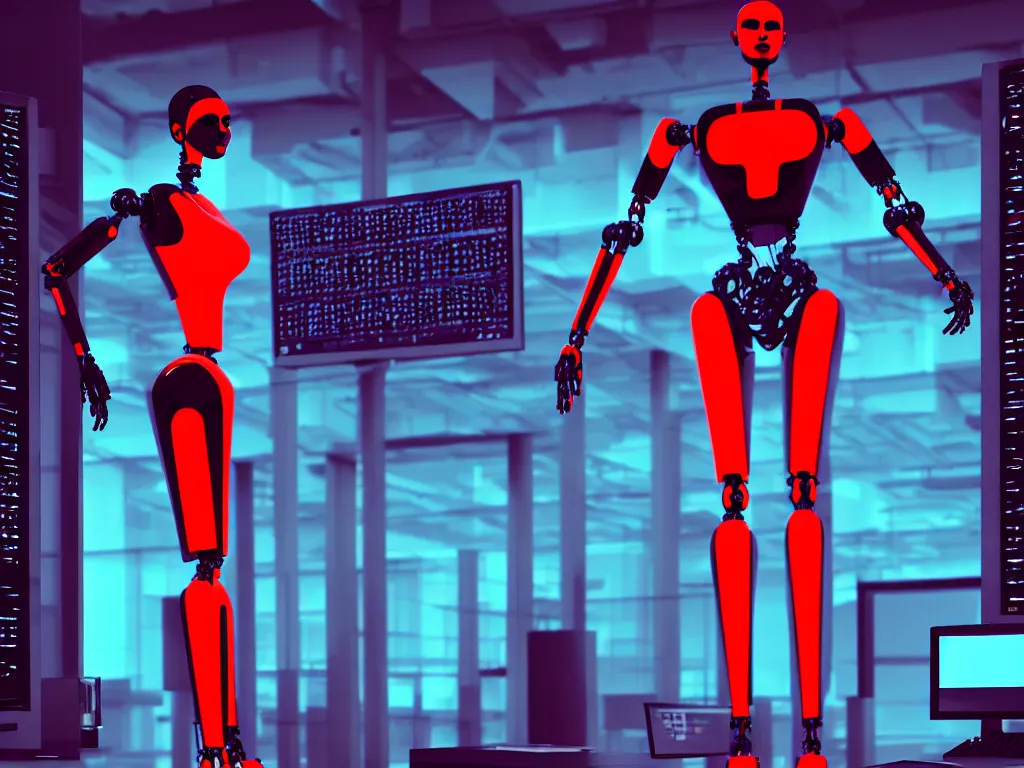 Image similar to beautiful tall female robot printed with red and black 3 d geometrical neon guarding a wall of computers!!!!!!!!!! + flowering vaporwave orchids!!!, clean linework, dramatic, uncanny valley, insanely detailed, 4 k, trending on artstation, photorealistic, award winning, rule of thirds, volumetric lighting, octane render