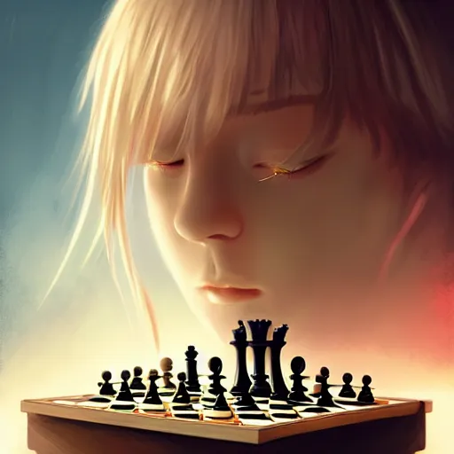 Image similar to rimuru tempest playing chess, with amber eyes of golden colored eyes, straight hair, sky blue hair, long bangs, high collar, concept art, award winning photography, digital painting, splash art, elegant, intricate, cinematic, wlop, 8 k, by ross tran, tom bagshaw, andy warhol