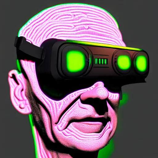 Image similar to Colour Photography of 1000 years old man with highly detailed 1000 years old face wearing higly detailed cyberpunk VR Headset designed by Josan Gonzalez . in style of Josan Gonzalez. Rendered in Blender