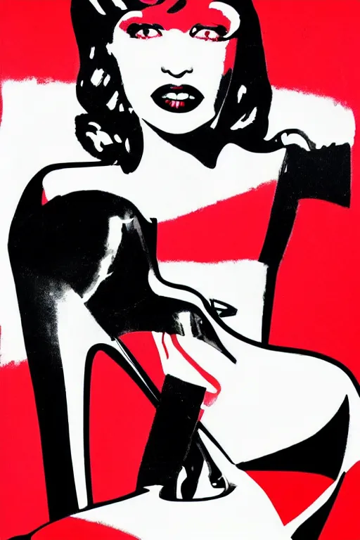 Image similar to black high heels with red bottoms, illustration, graphic design, high fashion, wall art, elegant, in the style of andy warhol,