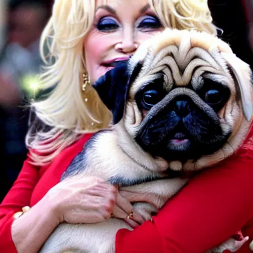Prompt: dolly parton holding a cute pug over her head, smile on her face