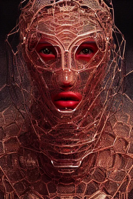 Image similar to intricate image of a complex robotic human face, liquid simulation background, dramatic lighting, silver gold red details, hexagonal mesh wire, filigree intricate details, cinematic, fleshy musculature, elegant, octane render, 8k post-processing, by Yoshitaka Amano, Daytoner, Greg Tocchini