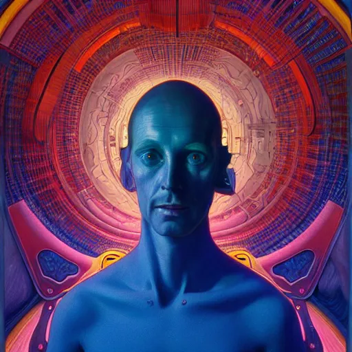 Prompt: realistic extremely detailed portrait painting of an average man , retro futuristic , by beeple,Jean Delville, Amano, Yves Tanguy, Alphonse Mucha, Ernst Haeckel, Edward Robert Hughes, Roger Dean, rich psychedelic moody colors, blue eyes,octane render,4k.f32