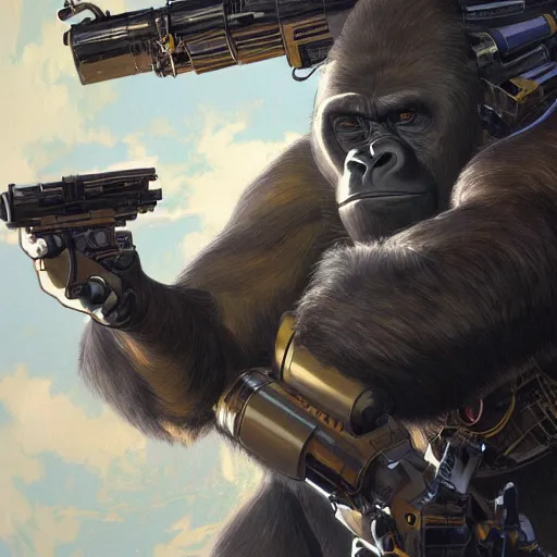 Image similar to detailed science - fiction character portrait of a silverback gorilla shooting a alien gun in space, intricate, wild, highly detailed, digital painting, artstation, concept art, smooth, sharp focus, illustration, art by artgerm and greg rutkowski and alphonse mucha