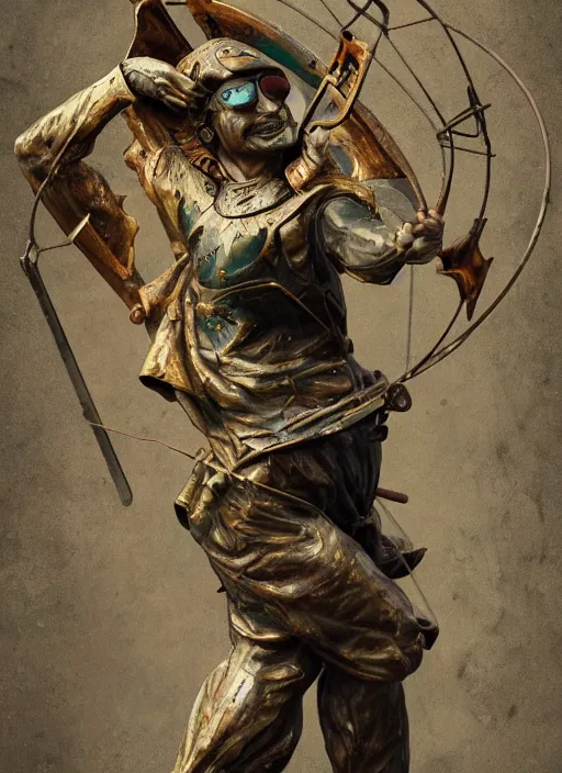 Image similar to An epic fantastic realism comic book style painting of a distressed bronze archery sculpture from the future by Stanislaw Szukalski, beautiful colorful flowers rain down, gilded marbled paper overlay, fisheye lens, unreal 5, DAZ, hyperrealistic, octane render, dynamic lighting