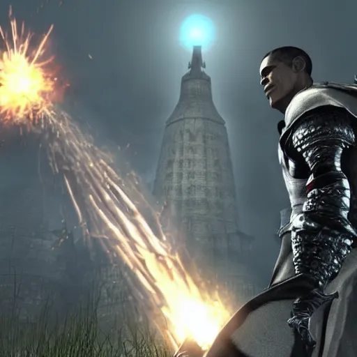 Prompt: Screenshot of Obama as a boss in Dark Souls