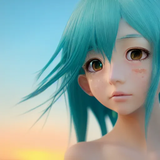 Image similar to Render of a very beautiful 3d anime girl, long sky blue hair, jewelry eyes, cute freckles, full round face, short smile, cute teal sundress, golden hour, serene beach setting, cinematic lightning, medium shot, mid-shot, very very highly detailed, trending on Artstation, Unreal Engine 4k