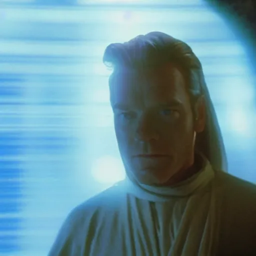 Prompt: film still of old ewan mcgregor as a ghost in star wars, blue ghost, transparent, epic lighting, highley detailled, kodak film